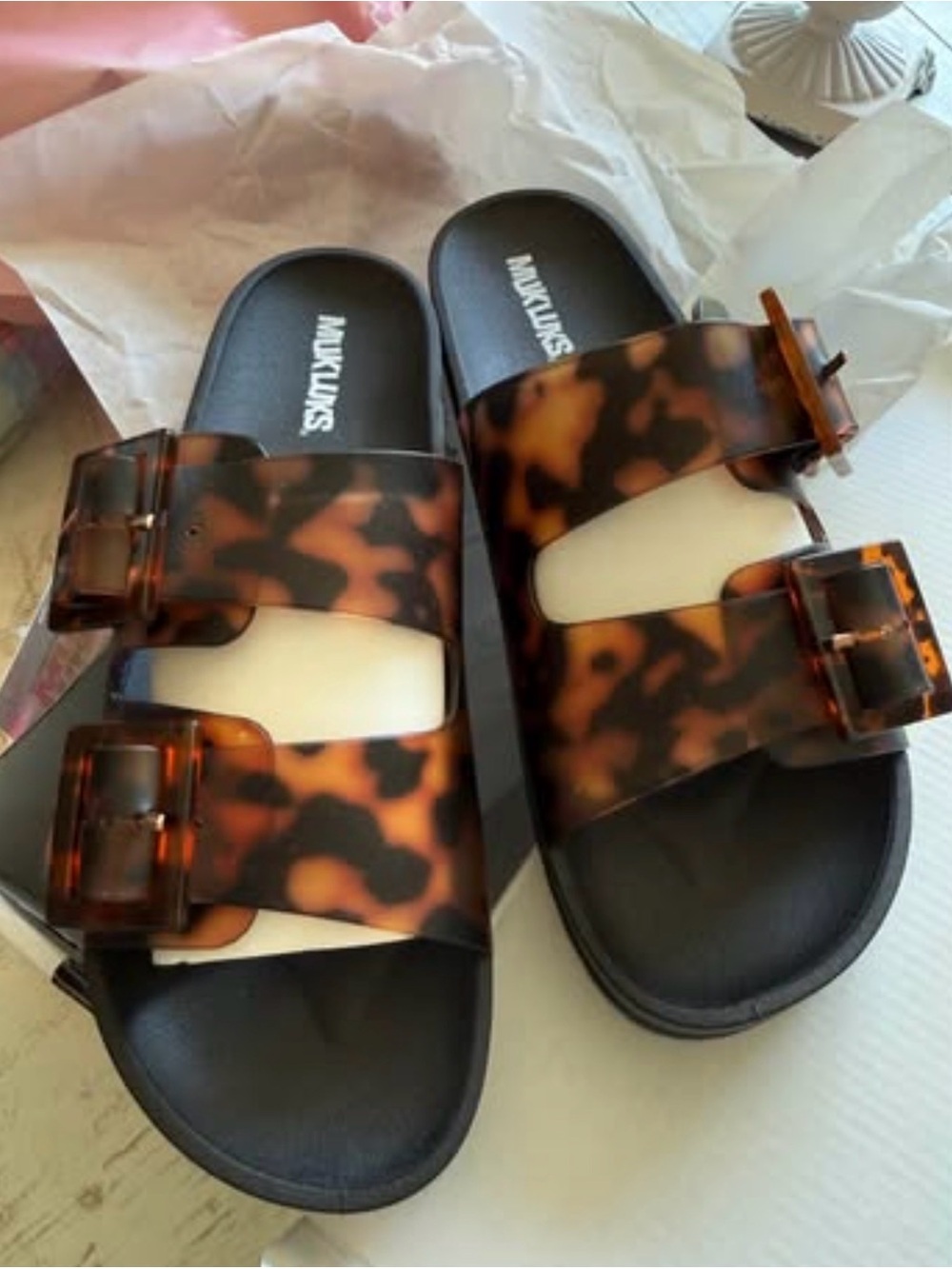 Muk Luks Tortoiseshell Double-Buckle Slide Sandals - Brown/Black